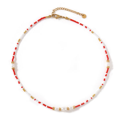 Two-Layer Red Beads Pearl Metal Chain Necklace For Women Convenient Clasp Design Heart Pendant Jewelry Accessories