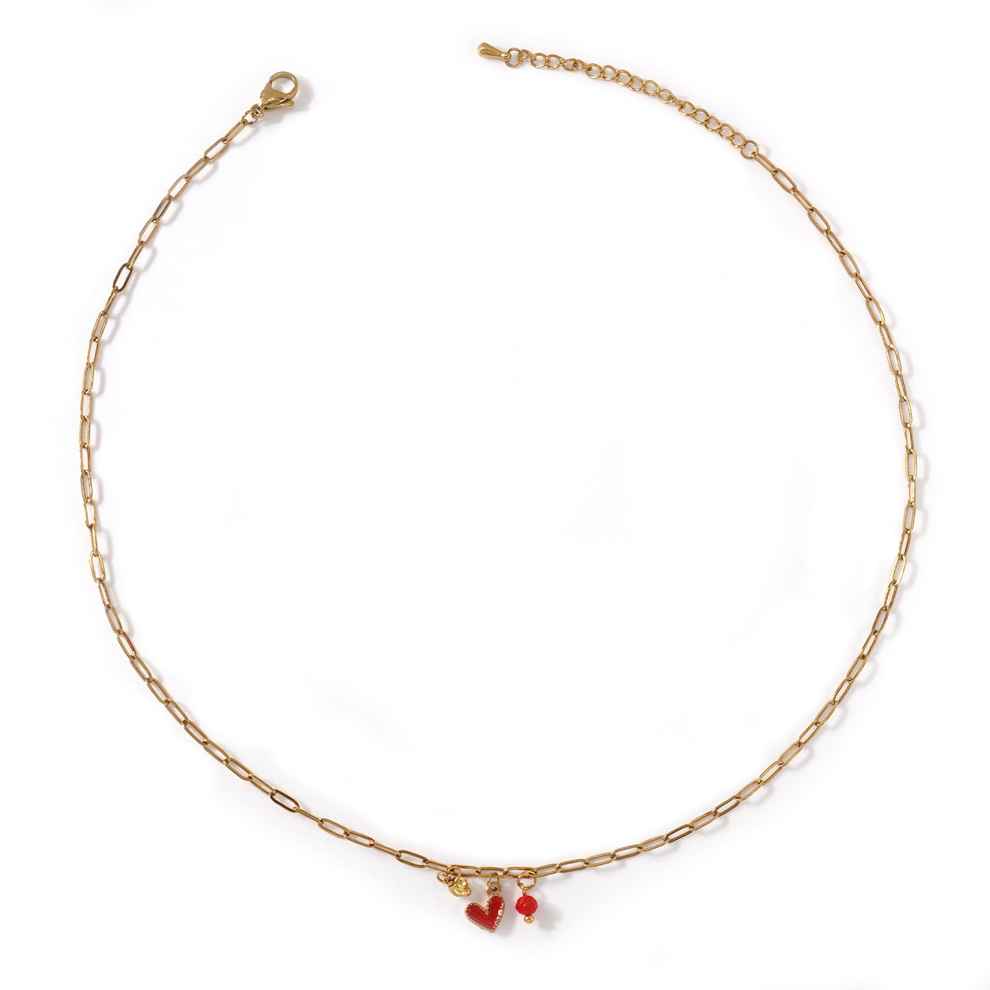 Two-Layer Red Beads Pearl Metal Chain Necklace For Women Convenient Clasp Design Heart Pendant Jewelry Accessories