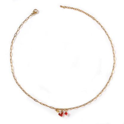 Two-Layer Red Beads Pearl Metal Chain Necklace For Women Convenient Clasp Design Heart Pendant Jewelry Accessories