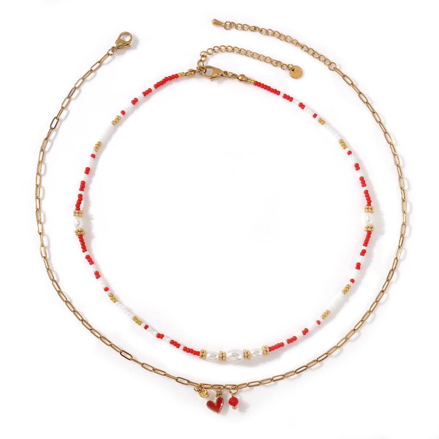 Two-Layer Red Beads Pearl Metal Chain Necklace For Women Convenient Clasp Design Heart Pendant Jewelry Accessories