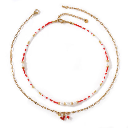 Two-Layer Red Beads Pearl Metal Chain Necklace For Women Convenient Clasp Design Heart Pendant Jewelry Accessories