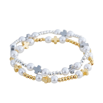 New Gold Beaded Pearl Bracelet With Metal Decoration, Elastic Bead Design, Suitable For Students, Parties, , Dates, Small Accessories, Simple Style, Suitable For Women