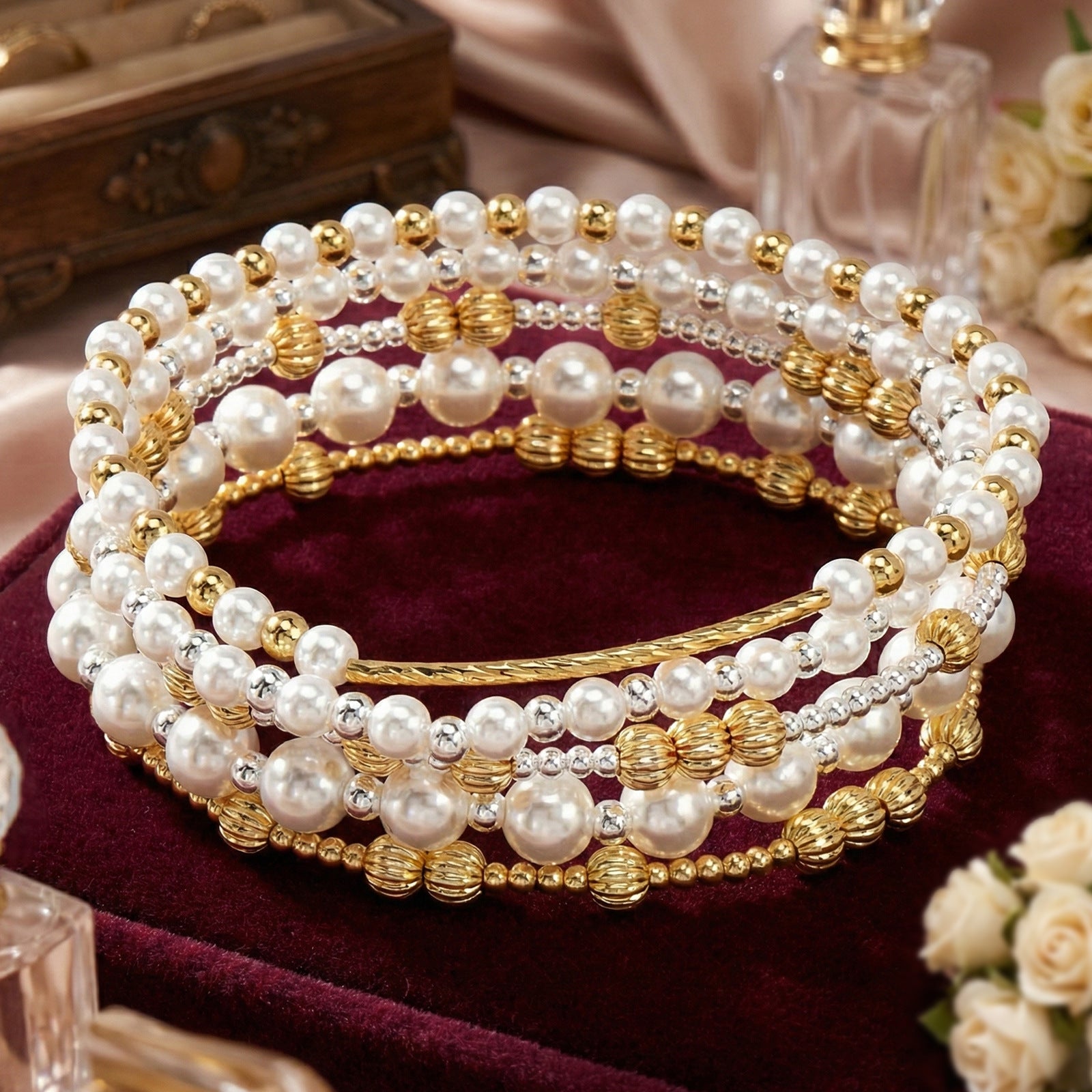 Multi-Piece Pearl Gold Bracelet Set Exquisite Beads Gold Accessories Matching Craftsmanship Daily Date Out Jewelry For Women Simple Style