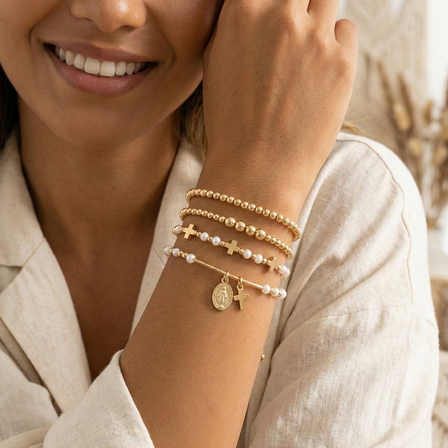 Rose Gold Plated Pearl Bracelet With Gold Beads Metal Tag Daily Wear Street Style Jewelry For Women Adjustable Clasp