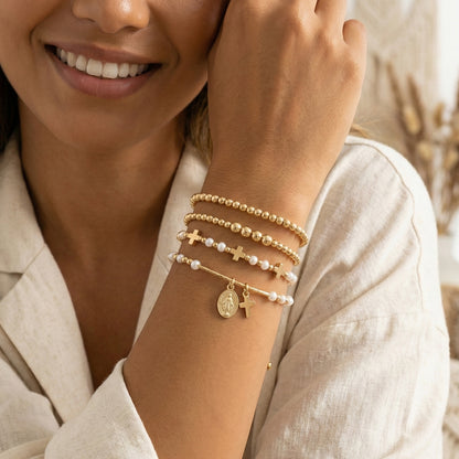 Rose Gold Plated Pearl Bracelet With Gold Beads Metal Tag Daily Wear Street Style Jewelry For Women Adjustable Clasp
