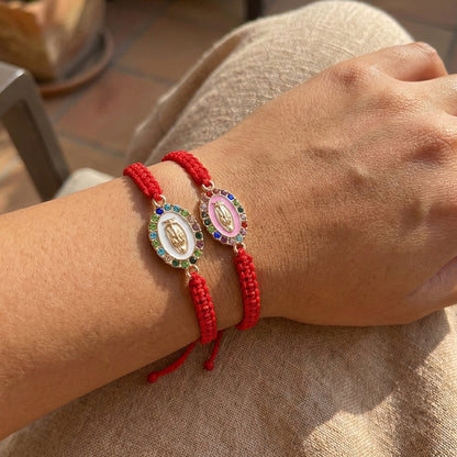 Adjustable Red Rope Woven Bracelet With Colorful Diamond Round Pendant Drawstring For Daily Wear Jewelry Unisex Simple Style