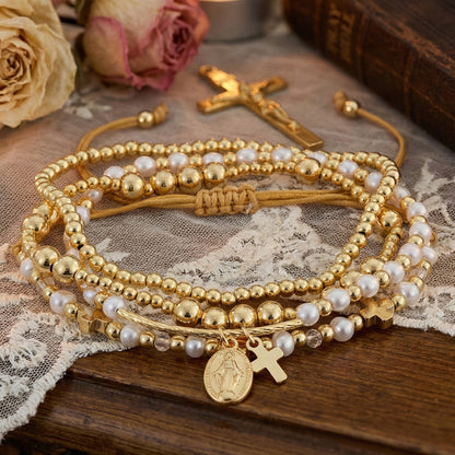 Rose Gold Plated Pearl Bracelet With Gold Beads Metal Tag Daily Wear Street Style Jewelry For Women Adjustable Clasp