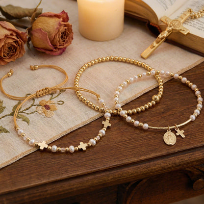 Rose Gold Plated Pearl Bracelet With Gold Beads Metal Tag Daily Wear Street Style Jewelry For Women Adjustable Clasp