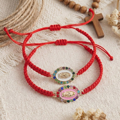 Adjustable Red Rope Woven Bracelet With Colorful Diamond Round Pendant Drawstring For Daily Wear Jewelry Unisex Simple Style