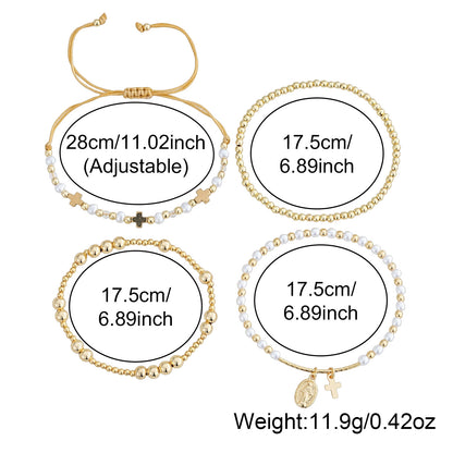 Rose Gold Plated Pearl Bracelet With Gold Beads Metal Tag Daily Wear Street Style Jewelry For Women Adjustable Clasp