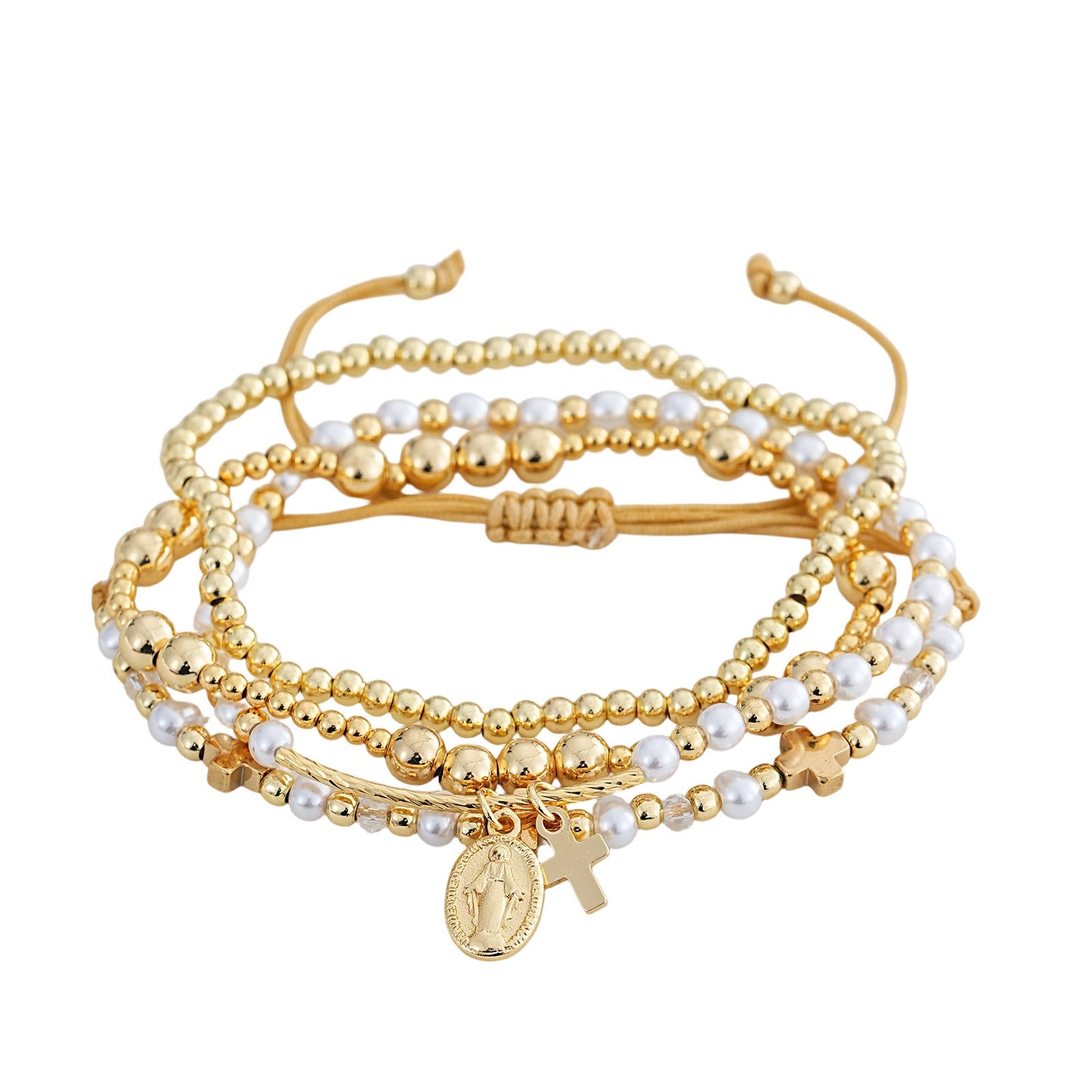 Rose Gold Plated Pearl Bracelet With Gold Beads Metal Tag Daily Wear Street Style Jewelry For Women Adjustable Clasp