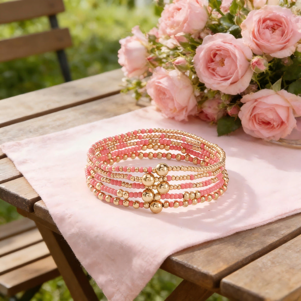 Gold Beaded Bracelet Set Suitable For Girls Handmade Friendship Style Daily Wear Jewelry Sweet Style Round And Laser Customization