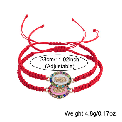 Adjustable Red Rope Woven Bracelet With Colorful Diamond Round Pendant Drawstring For Daily Wear Jewelry Unisex Simple Style