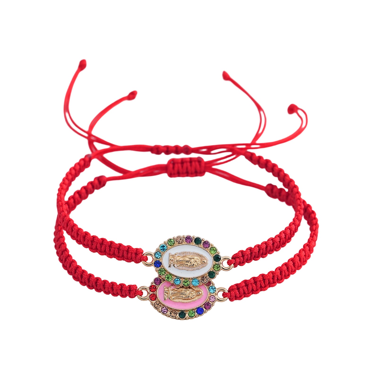 Adjustable Red Rope Woven Bracelet With Colorful Diamond Round Pendant Drawstring For Daily Wear Jewelry Unisex Simple Style