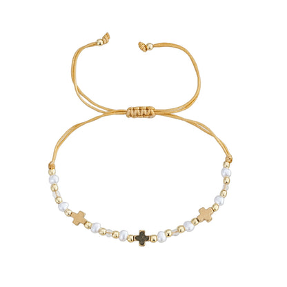 Rose Gold Plated Pearl Bracelet With Gold Beads Metal Tag Daily Wear Street Style Jewelry For Women Adjustable Clasp