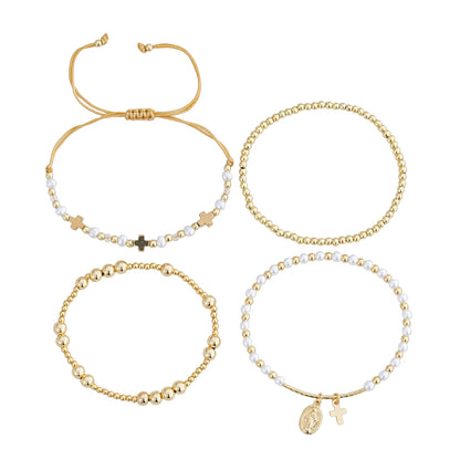 Rose Gold Plated Pearl Bracelet With Gold Beads Metal Tag Daily Wear Street Style Jewelry For Women Adjustable Clasp