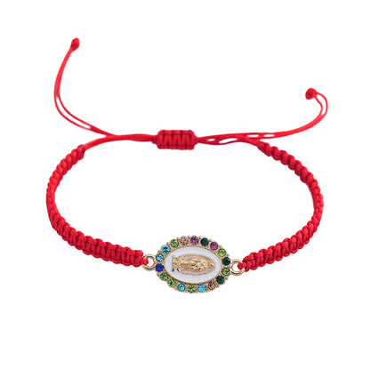 Adjustable Red Rope Woven Bracelet With Colorful Diamond Round Pendant Drawstring For Daily Wear Jewelry Unisex Simple Style