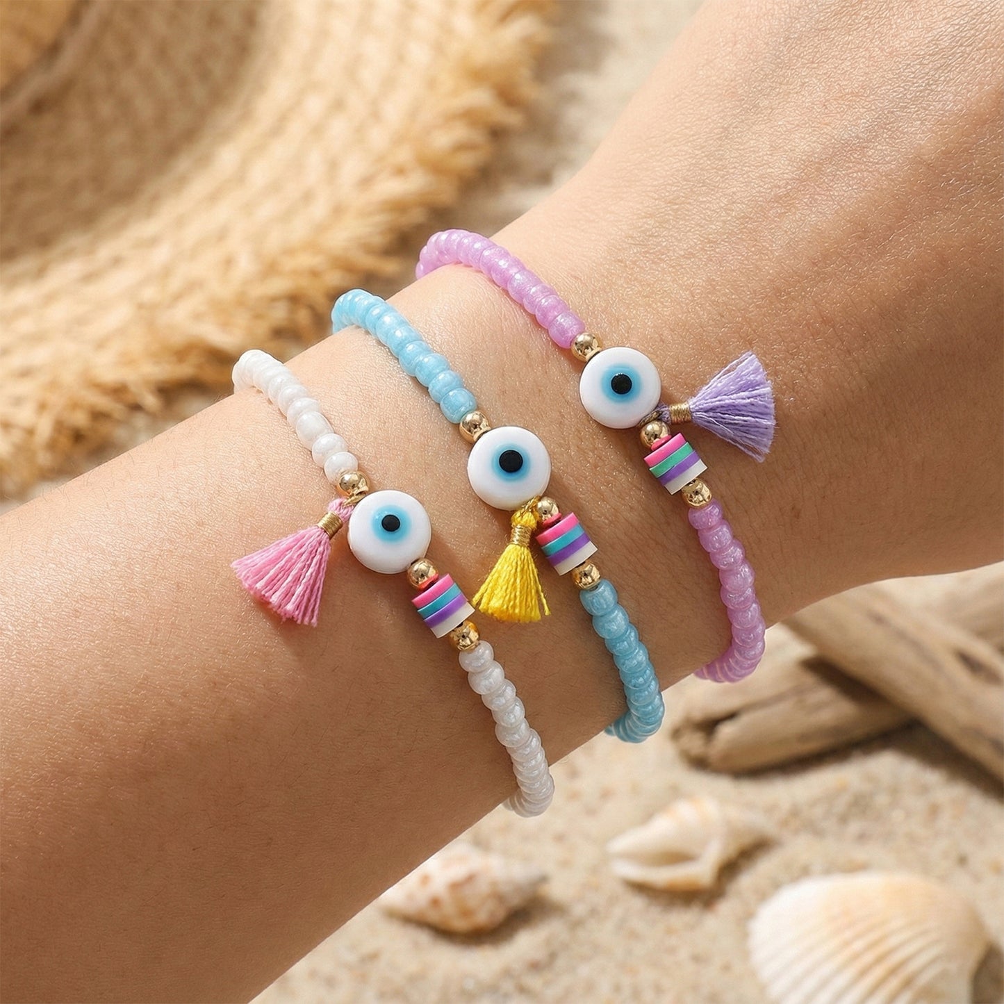 Triple Circle Evil Eye Bracelet With Colorful Beads And White Evil Eye Pendant, Colorful Tassel, Daily Wear Jewelry For Women