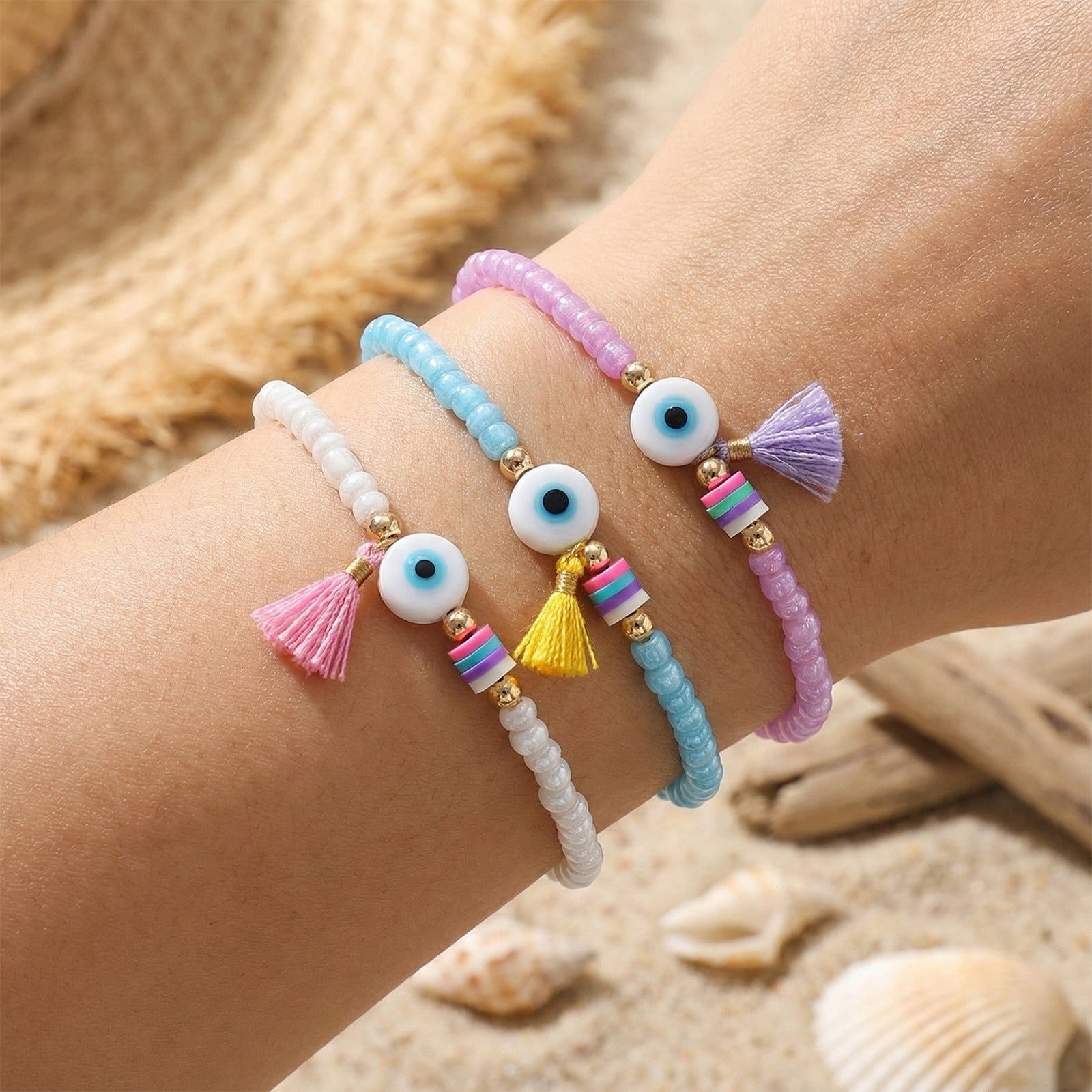 Triple Circle Evil Eye Bracelet With Colorful Beads And White Evil Eye Pendant, Colorful Tassel, Daily Wear Jewelry For Women