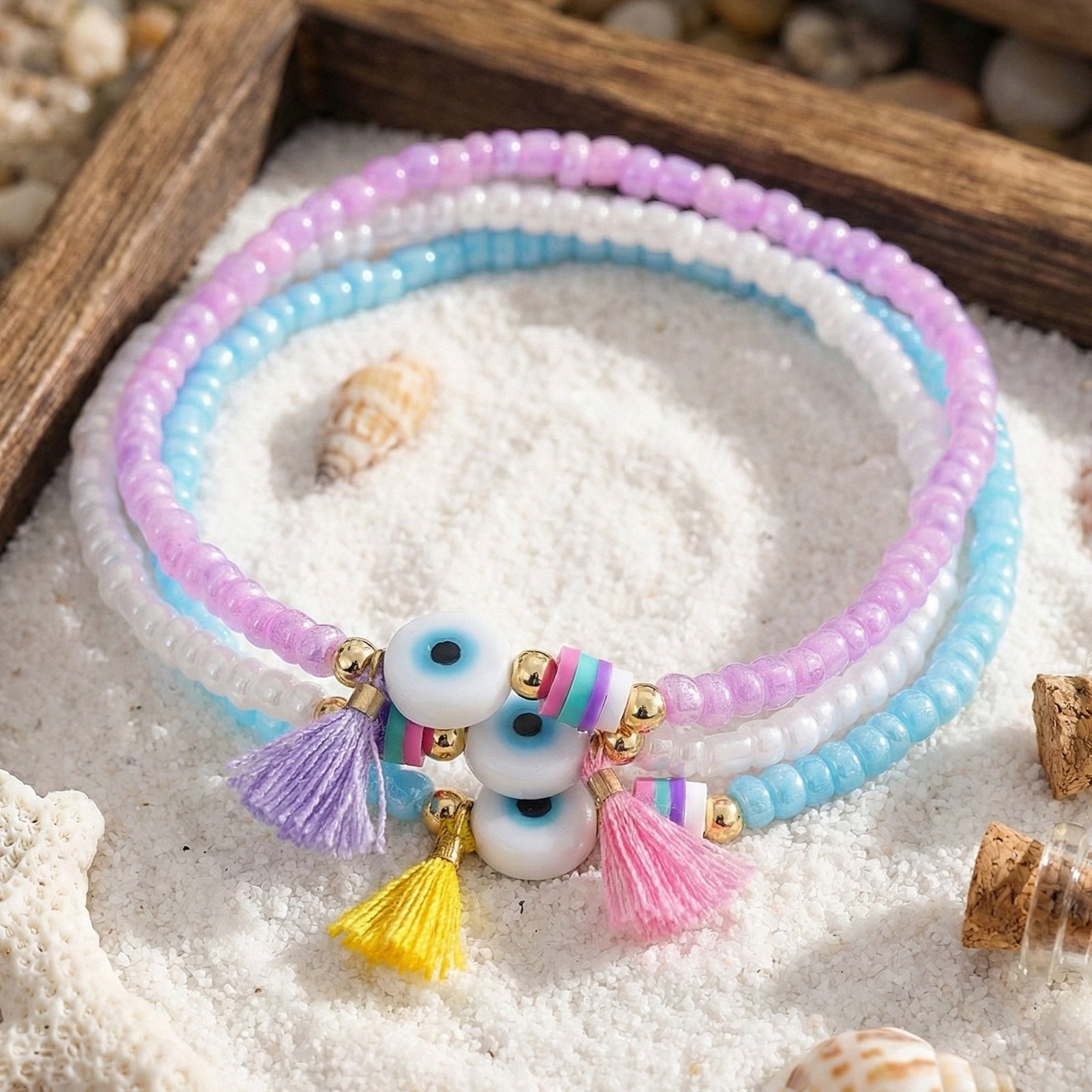 Triple Circle Evil Eye Bracelet With Colorful Beads And White Evil Eye Pendant, Colorful Tassel, Daily Wear Jewelry For Women