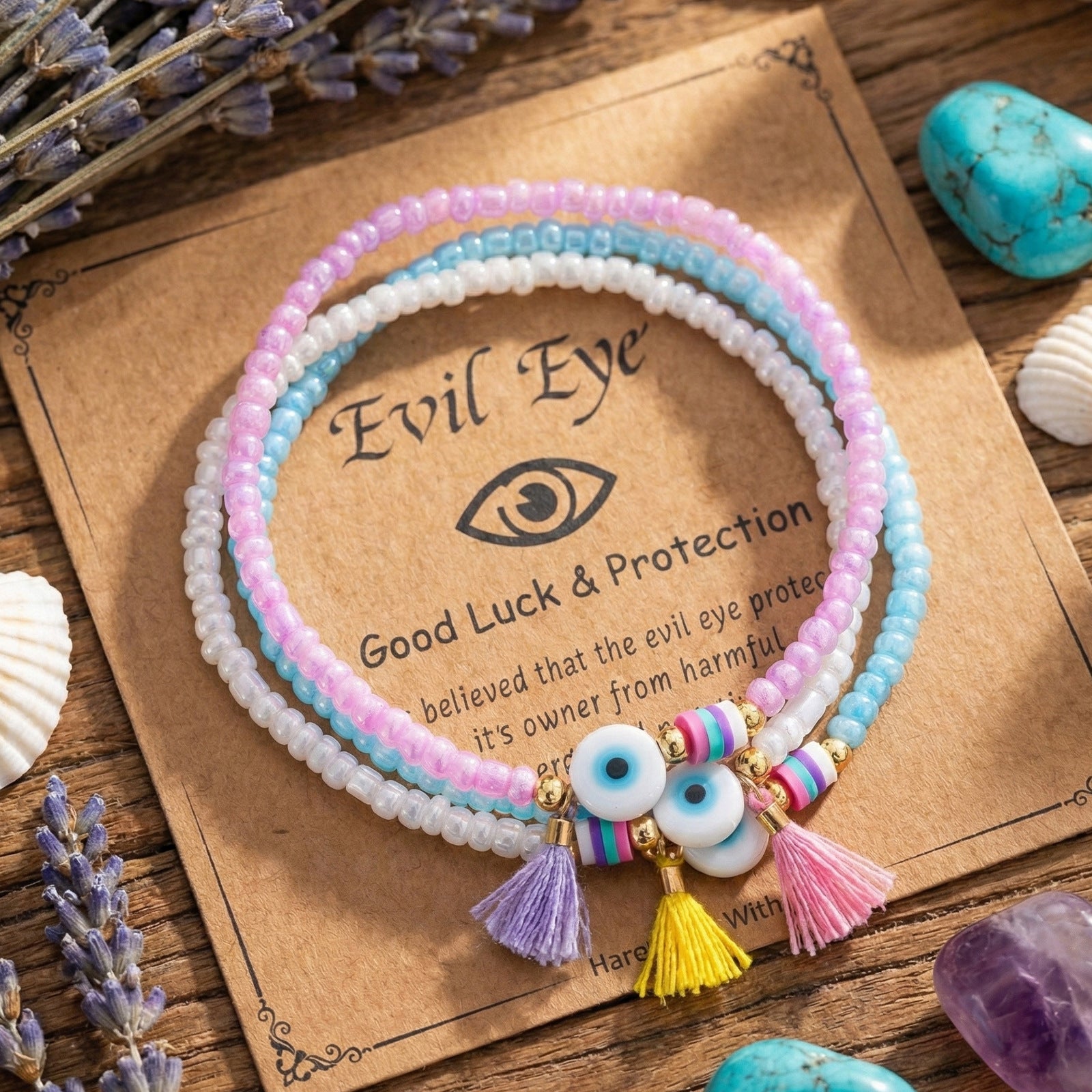 Triple Circle Evil Eye Bracelet With Colorful Beads And White Evil Eye Pendant, Colorful Tassel, Daily Wear Jewelry For Women