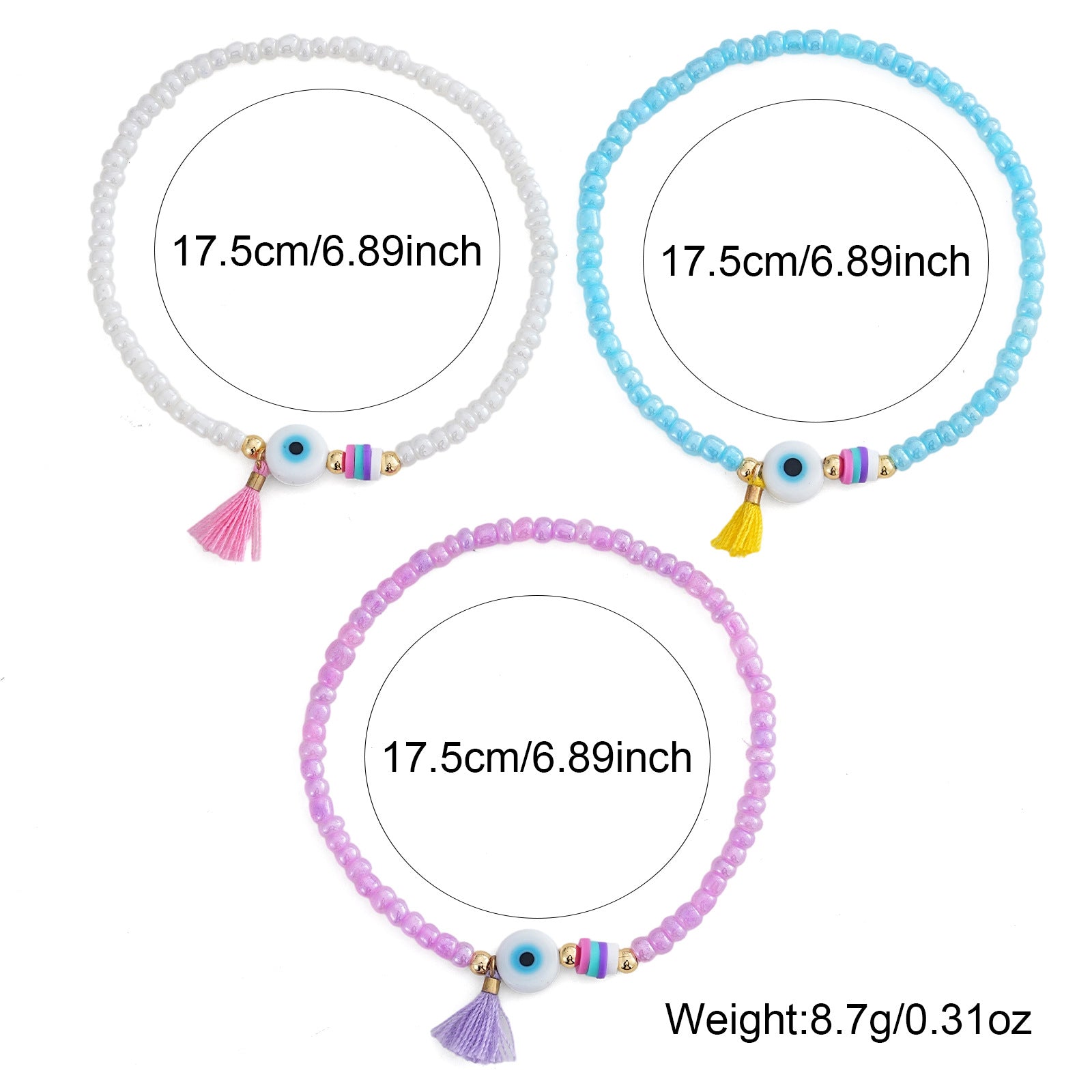 Triple Circle Evil Eye Bracelet With Colorful Beads And White Evil Eye Pendant, Colorful Tassel, Daily Wear Jewelry For Women
