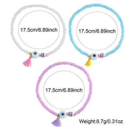 Triple Circle Evil Eye Bracelet With Colorful Beads And White Evil Eye Pendant, Colorful Tassel, Daily Wear Jewelry For Women