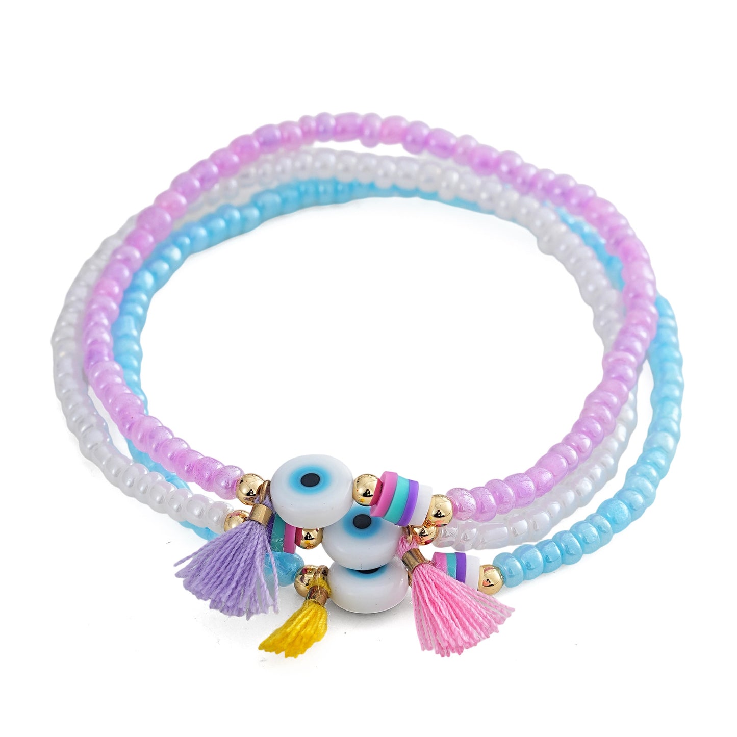 Triple Circle Evil Eye Bracelet With Colorful Beads And White Evil Eye Pendant, Colorful Tassel, Daily Wear Jewelry For Women