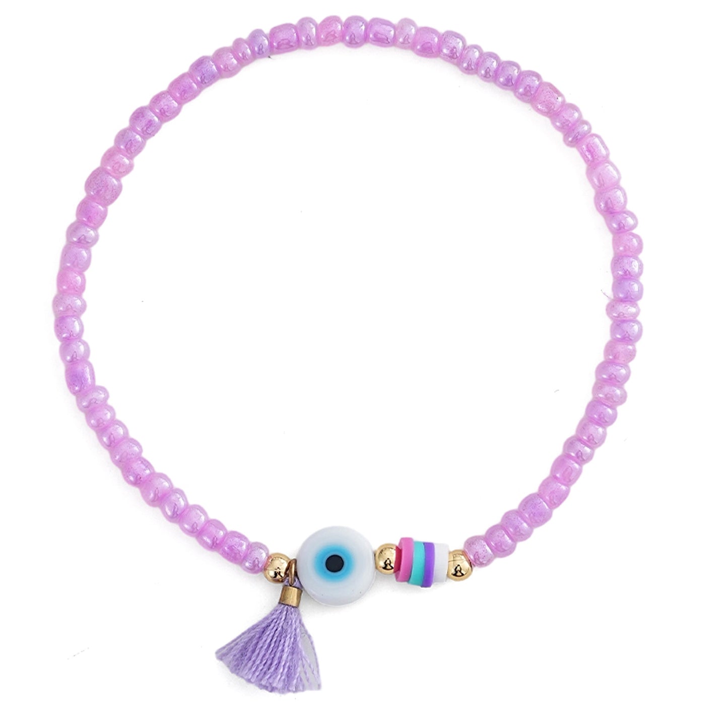Triple Circle Evil Eye Bracelet With Colorful Beads And White Evil Eye Pendant, Colorful Tassel, Daily Wear Jewelry For Women