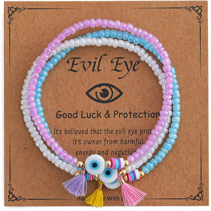 Triple Circle Evil Eye Bracelet With Colorful Beads And White Evil Eye Pendant, Colorful Tassel, Daily Wear Jewelry For Women