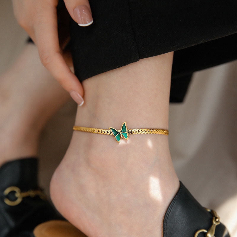 Electroplated Titanium Steel Anklet With Butterfly Pattern, PVD Coated And 14K Real Gold Plated With 0.03µm Thickness