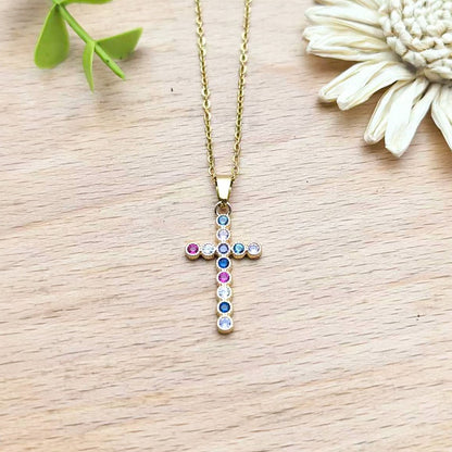 Colorful Zircon Cross Copper Pendant Necklace Women's Collarbone Chain Jewelry