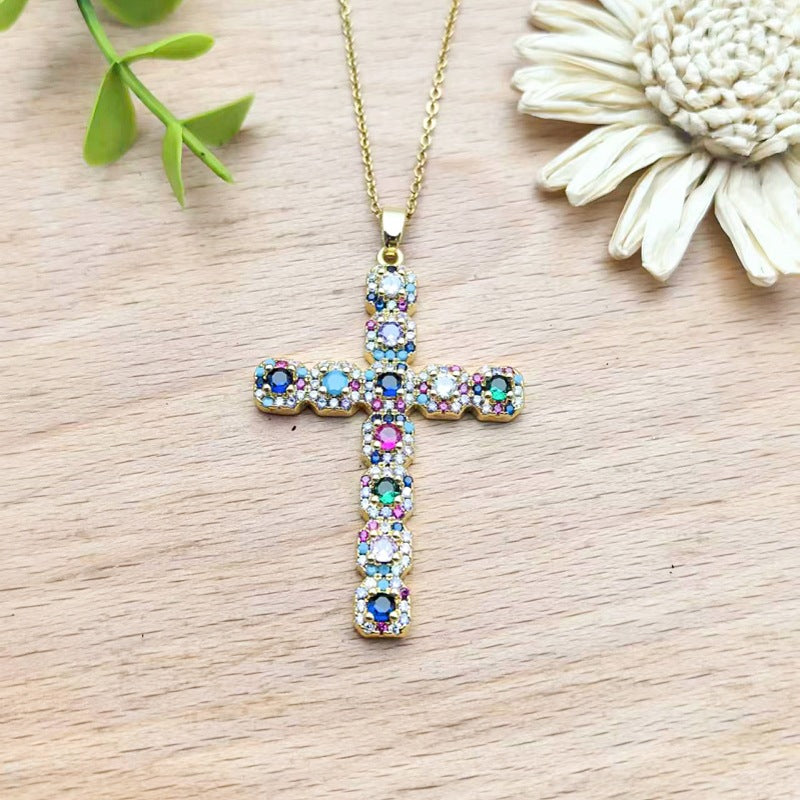 Colorful Zircon Cross Copper Pendant Necklace Women's Collarbone Chain Jewelry