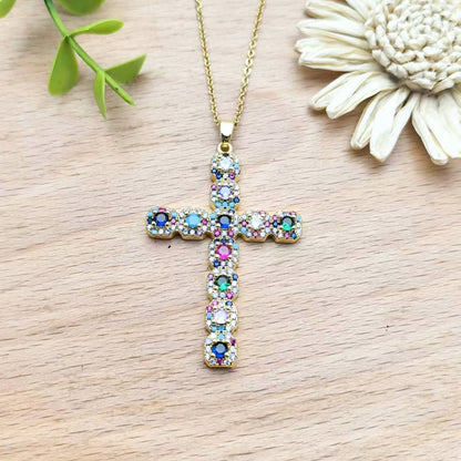 Colorful Zircon Cross Copper Pendant Necklace Women's Collarbone Chain Jewelry