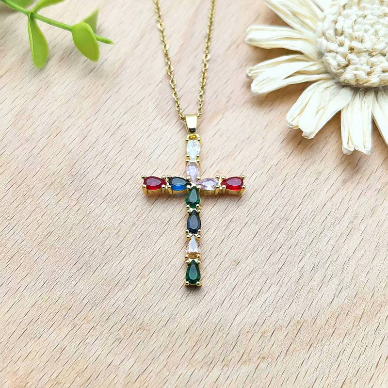 Colorful Zircon Cross Copper Pendant Necklace Women's Collarbone Chain Jewelry