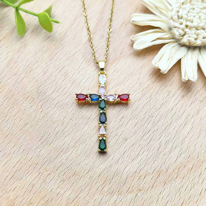 Colorful Zircon Cross Copper Pendant Necklace Women's Collarbone Chain Jewelry