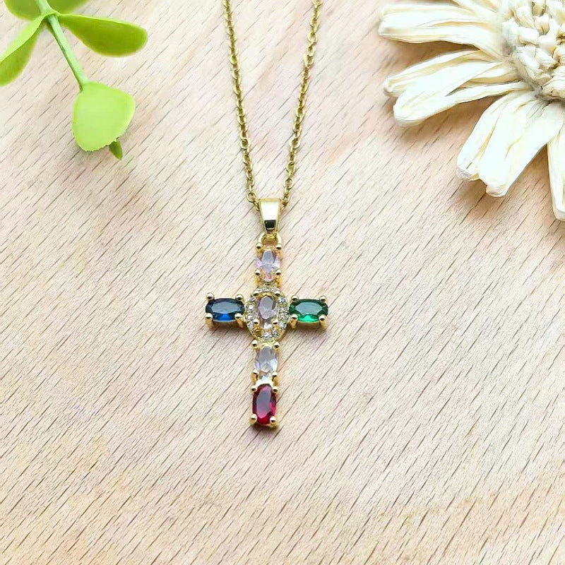 Colorful Zircon Cross Copper Pendant Necklace Women's Collarbone Chain Jewelry