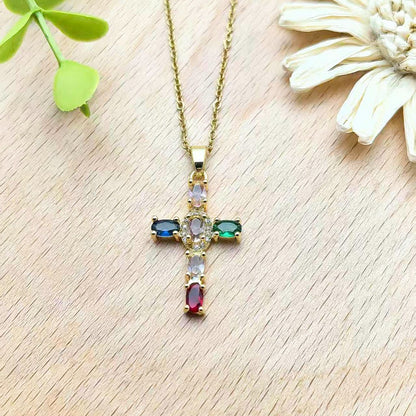Colorful Zircon Cross Copper Pendant Necklace Women's Collarbone Chain Jewelry