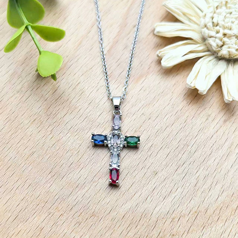 Colorful Zircon Cross Copper Pendant Necklace Women's Collarbone Chain Jewelry