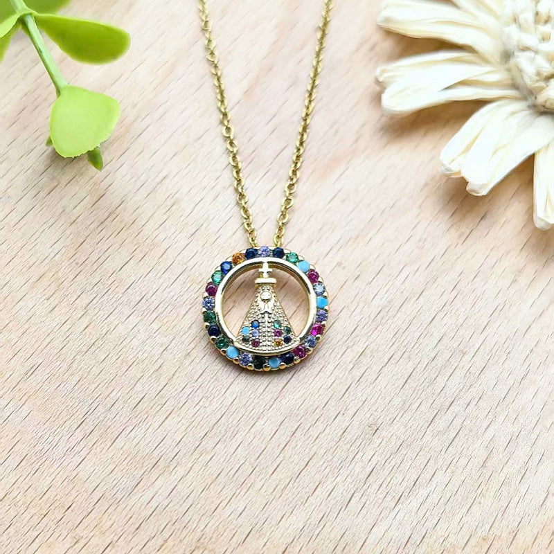 Colorful Zircon Cross Copper Pendant Necklace Women's Collarbone Chain Jewelry