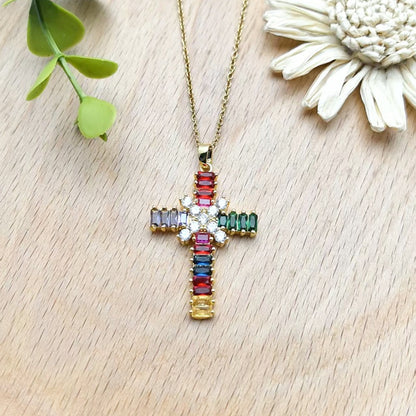 Colorful Zircon Cross Copper Pendant Necklace Women's Collarbone Chain Jewelry
