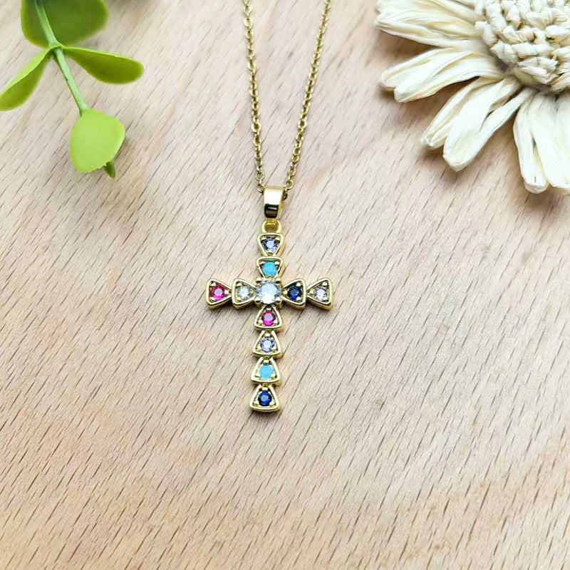 Colorful Zircon Cross Copper Pendant Necklace Women's Collarbone Chain Jewelry