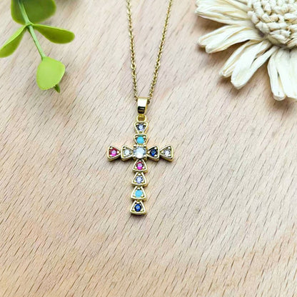 Colorful Zircon Cross Copper Pendant Necklace Women's Collarbone Chain Jewelry