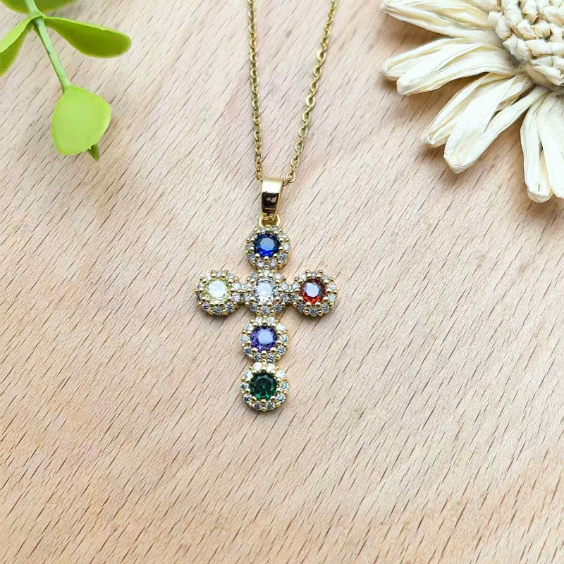 Colorful Zircon Cross Copper Pendant Necklace Women's Collarbone Chain Jewelry