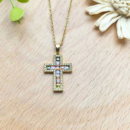 Colorful Zircon Cross Copper Pendant Necklace Women's Collarbone Chain Jewelry