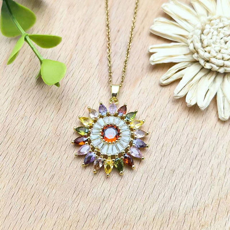 Colorful Zircon Cross Copper Pendant Necklace Women's Collarbone Chain Jewelry