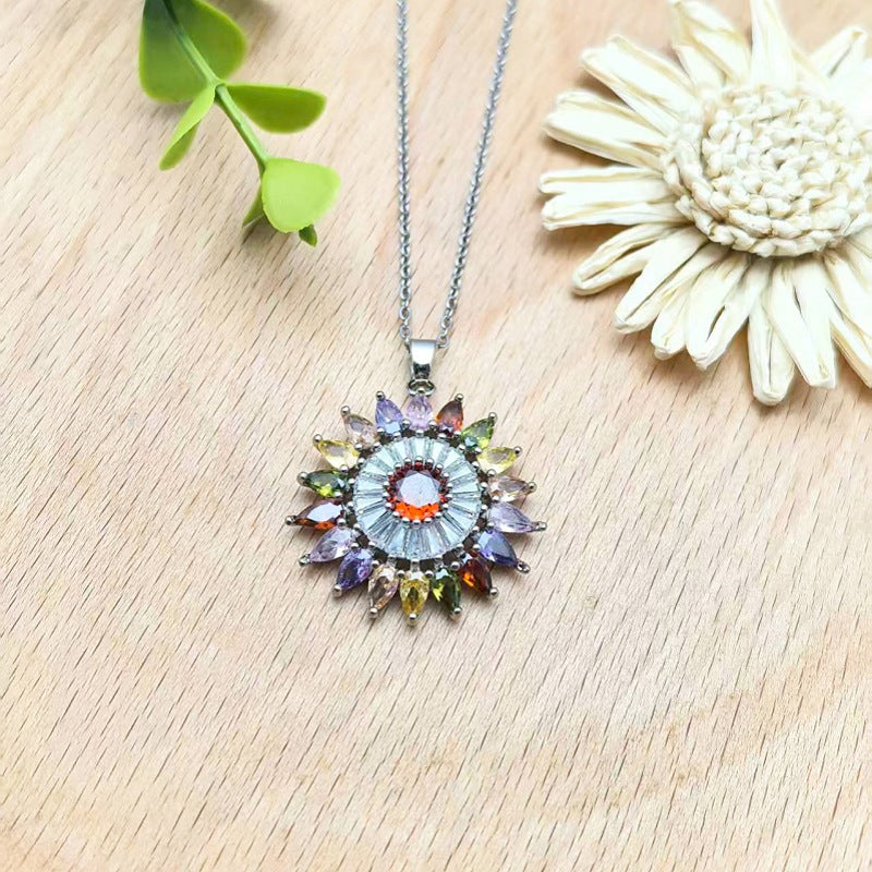 Colorful Zircon Cross Copper Pendant Necklace Women's Collarbone Chain Jewelry