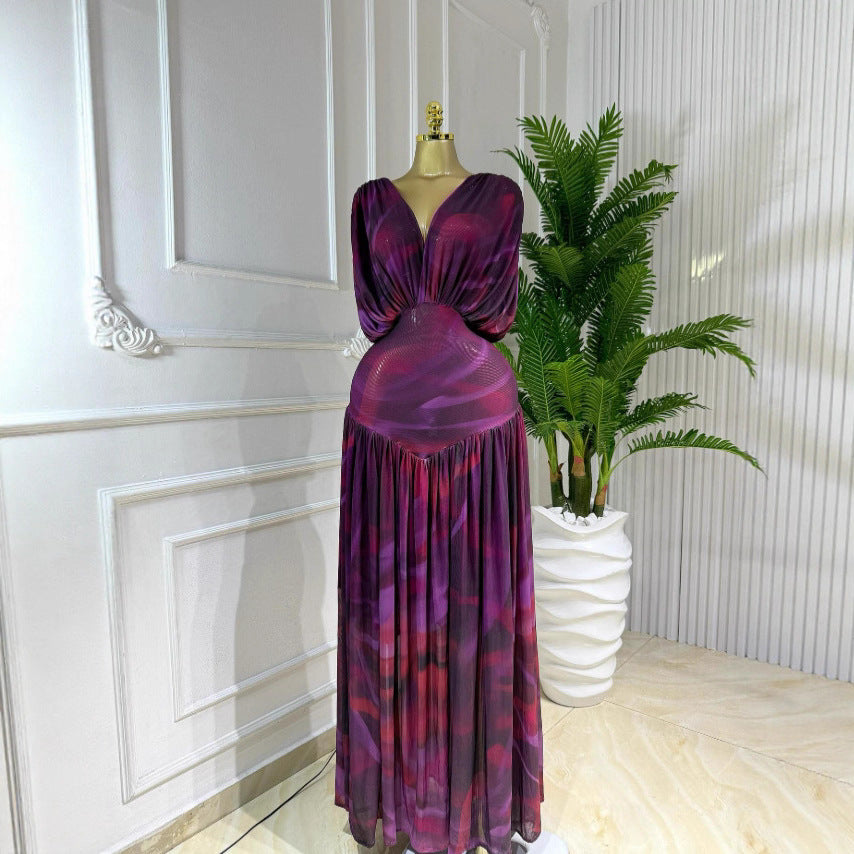 Long Sleeve V Neck Chiffon Dress In Polyester Featuring Ruched Design And Maxi Length