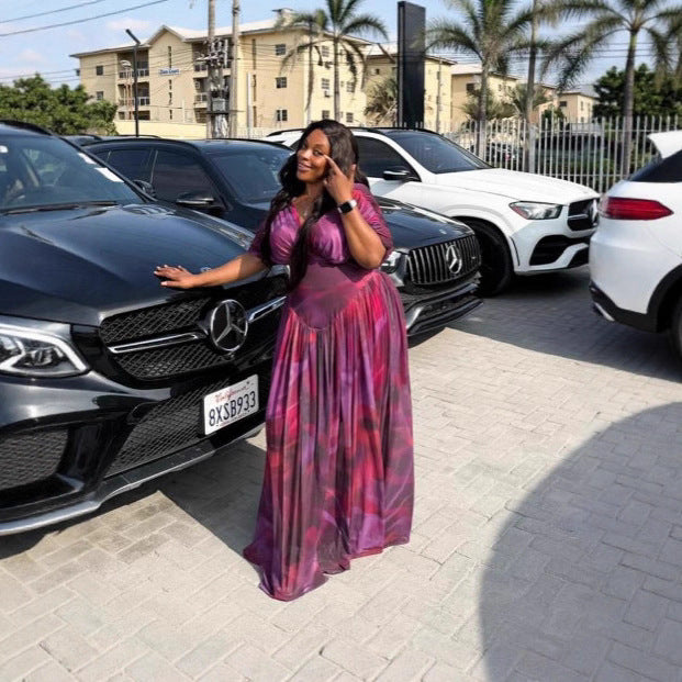 Long Sleeve V Neck Chiffon Dress In Polyester Featuring Ruched Design And Maxi Length