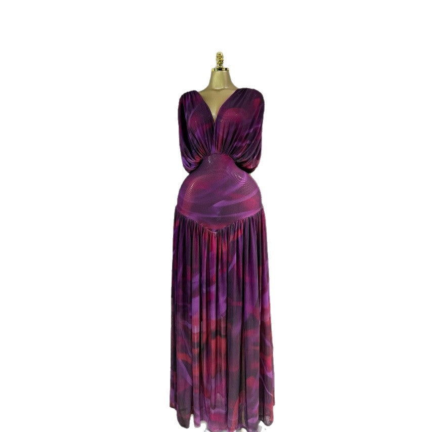Long Sleeve V Neck Chiffon Dress In Polyester Featuring Ruched Design And Maxi Length
